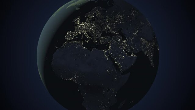 Seamless looping animation of the earth at night zooming in to the 3d map of Turkmenistan with the capital and the biggest cites in 4K resolution