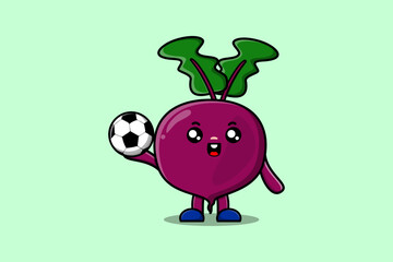 Cute cartoon Beetroot character playing football in flat cartoon style illustration