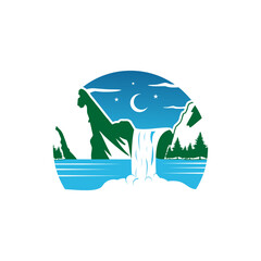 Waterfall River Mountain Forest Logo Vector
