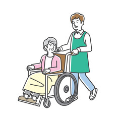 車椅子に乗るシニア女性と介護スタッフ
