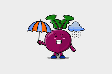 Cute cartoon Beetroot character in the rain and using an umbrella in flat modern style design