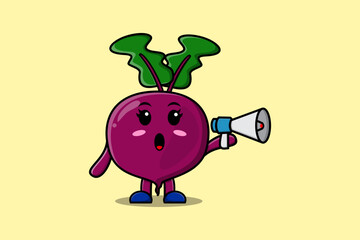 Cute Cartoon Beetroot character speak with megaphone in 3d cartoon style concept