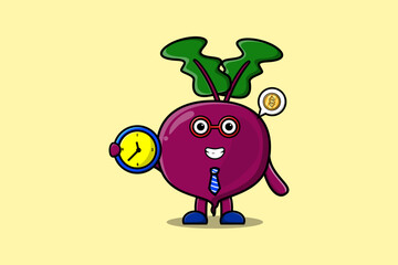 Cute cartoon Beetroot character holding clock illustration with happy expression