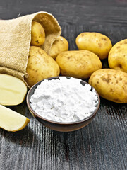 Starch potato in clay bowl on black board