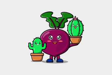 Cute cartoon Beetroot character holding Beetroot plant in pot vector icon illustration