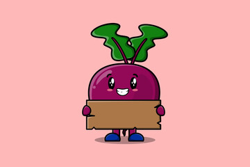 Cute cartoon Beetroot character holding blank wooden text board vector icon illustration