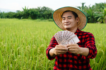 Fototapeta premium Asian farmer man is at paddy field, wears hat and red plaid shirt, hold Thai banknote money. Concept : Farmer happy to get profit, income, agriculture supporting money. 
