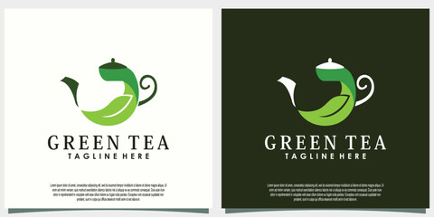 green tea logo design with leaf and teapot creative concept