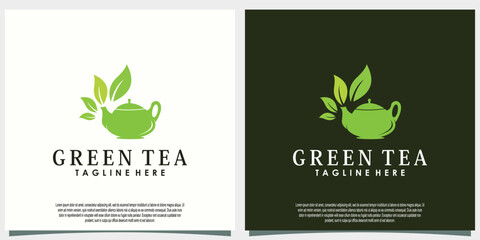 green tea logo design with leaf and teapot creative concept