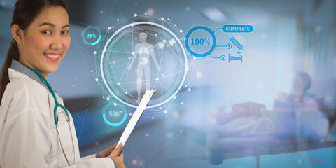 Female doctor with stethoscope showing virtual hologram of human organ such as brain, lung, stomach, analysis of health with x-ray scanner, Hi-tech science technology and medical of the future concept