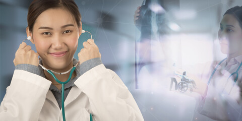 Professional female doctor using stethoscope and examining lung x-ray film in hospital background, Medical specialists prepare the diagnosis for her patient, Medical and healthcare concept