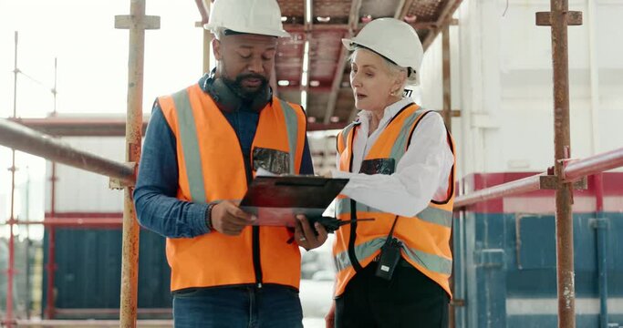 Construction, inspection and clipboard, black man and woman discussion, construction site with scaffolding and building renovation checklist. Contractor with inspector, engineering and communication.