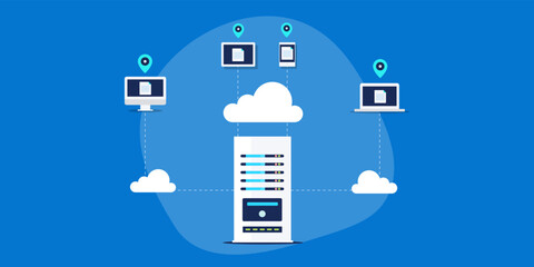Cloud server distributing content on different location with CDN technology digital communication concept.
