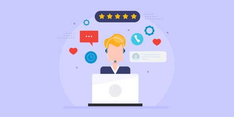 Customer support service, man wearing headset sitting front of laptop screen answering customer query concept.