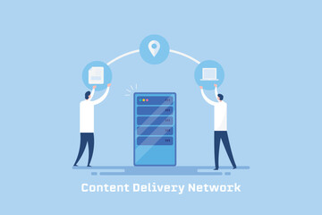 CDN server distributing content and media to users in different location illustration concept.