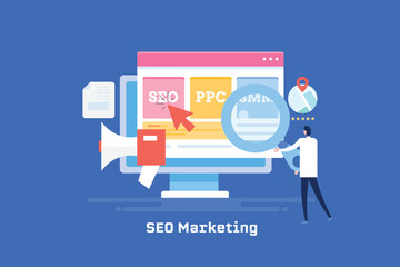 Digital marketing strategist with magnifying glass using seo technique for business branding and promotion.