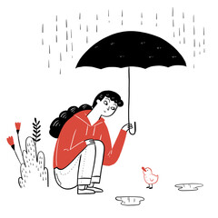The pretty girl and little duck hiding from the rain under a striped umbrella while on a rainy autumn day, black and white outline.