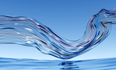 3d abstract glossy wavy background. Transparent glass ribbon flying on water reflection surface. Iridescent realistic 3d high quality render