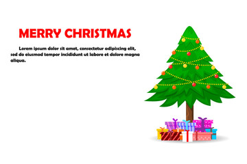 Naklejka premium Merry Christmas and Happy new year. Letters for the holiday greeting gift poster. Xmas card. Design for Christmas day festival. Pine tree. Gift Box. Vector illustration.