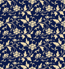 Seamless background retro navy blue botanic garden flower vine chintz