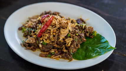 This is Thai food spicy minced pork salad . Thai name 