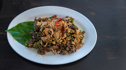 This is Thai food spicy minced pork salad . Thai name 