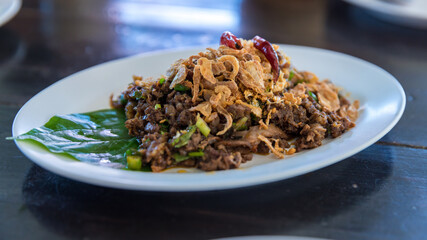 This is Thai food spicy minced pork salad . Thai name 