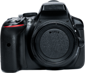 Black digital SLR camera body with body cap on