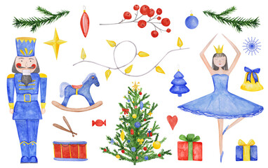 A set of 20 Nutcracker clipart is isolated. Watercolor characters from the nutcracker ballet, a Christmas tree, a ballerina, gifts, drums, a rocking horse, a bell, a star, and a garland.
