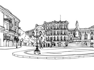 Nice old square. Odessa, Ukraine. Urban landscape. Hand drawn sketch. Line art. Ink drawing. Vector background on white. Without people. - 542122305