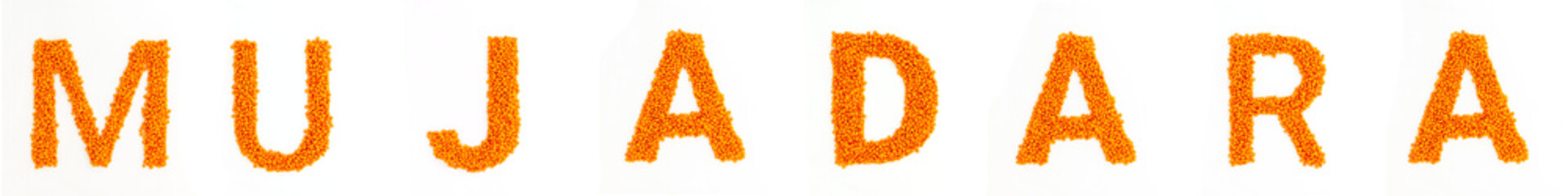 MUJADARA word made from red lentils. Lentil font. White background. Bright font for menu or food blog. Lettering design element