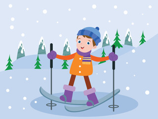 child is learning skiing in winter