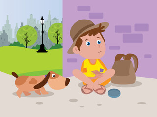 Homeless boy with a dog on the roadside