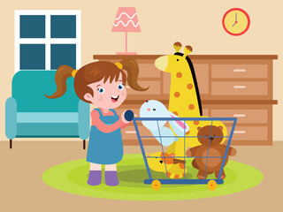 Girl carrying dolls in a cart at home