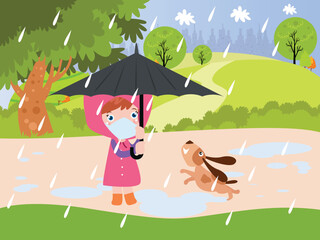 Girl and dog having fun to play with the rain