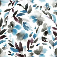 Floral print in cerulean, greyish purple and black. Seamless watercolor pattern. - 542124705