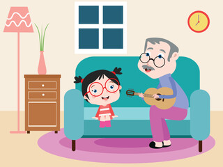 Grandfather and granddaguhter playing guitar at home