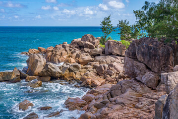 View from Pointe Ste Marie on rocks, Praslin island, Seychelles