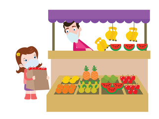 Girl buying fresh fruits at the seller