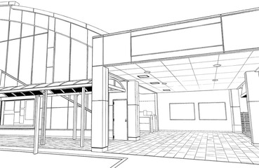 漫画風ペン画イラスト　駅_踏切・外観