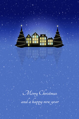 Fototapeta premium christmas card with paper cut silhouettes of old town houses, christmas trees and falling snow at night