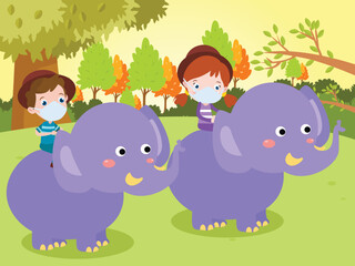 Children riding elephants at the zoo
