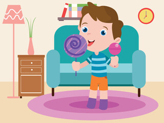 Boy licking candy at home