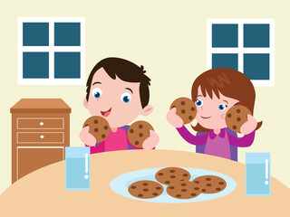 Children eating cookies while sitting in dining room at home