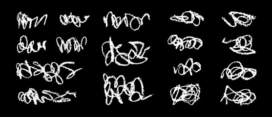 Chalk grunge strokes and curves set. Chalkboard curvy sketches. Grunge strokes, ribbons and curves collection. White chalk hatches and scribbles.