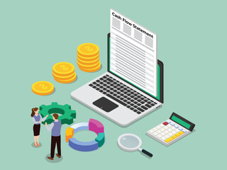 Business people and cash flow statement isometric 3d vector concept