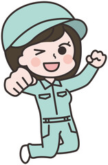 ジャンプする女性作業員のイラスト