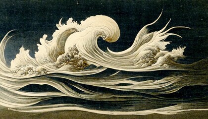 dramatic wave on rough paper textures, Japanese painting