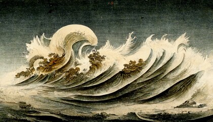 dramatic wave on rough paper textures, Japanese painting