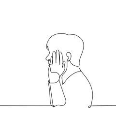 man surprised putting his hand to his cheek - one line drawing vector. concept surprise, shock, admiration